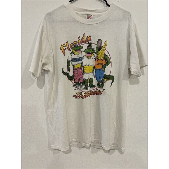 Vintage 80s Jerzees Single Stitch T Shirt Florida It's Beachin' Alligators XL - Picture 1 of 6